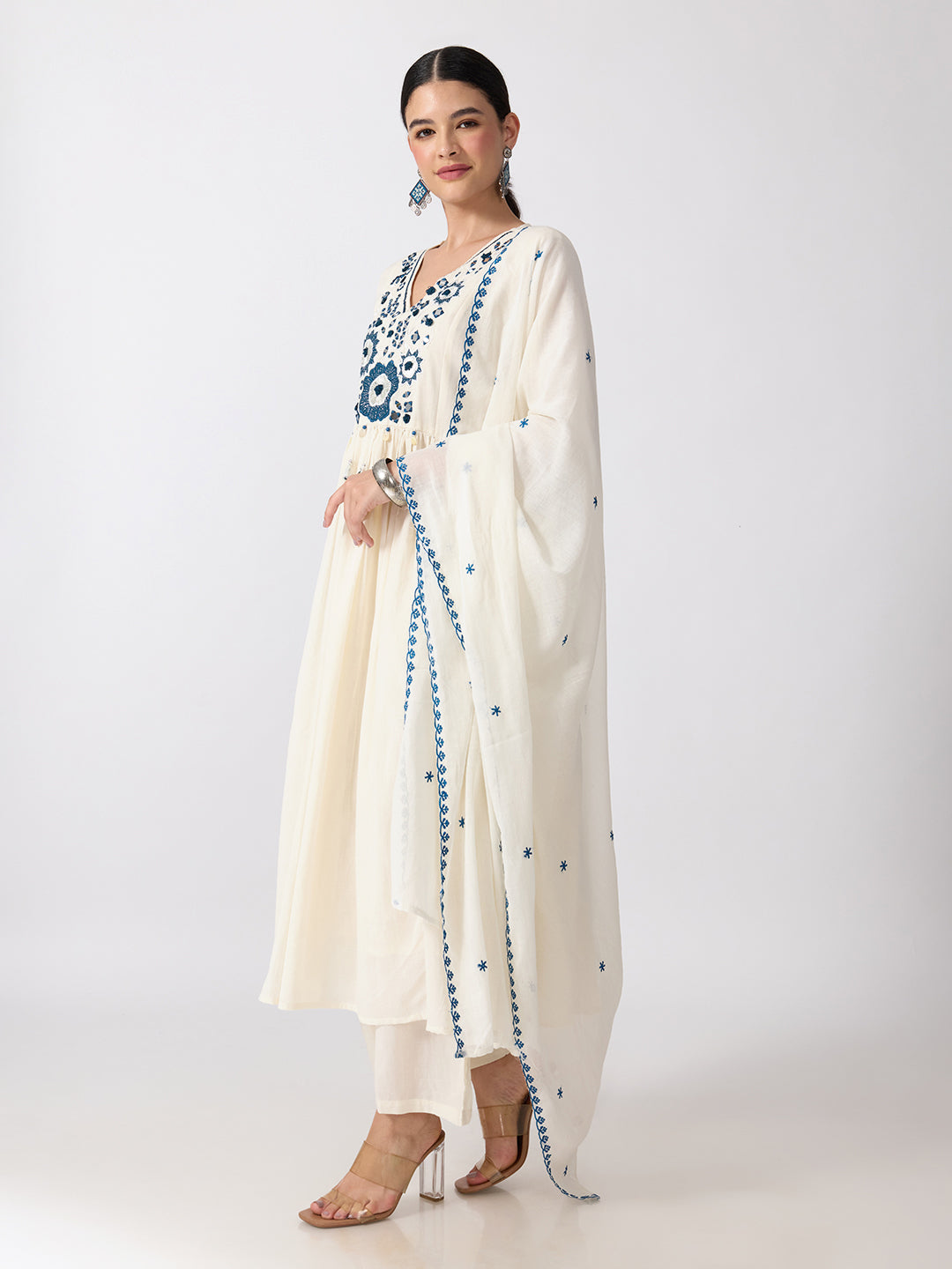 Women’s Floral Embroidered Off White Anarkali Kurta Set with V-Neck and Dupatta