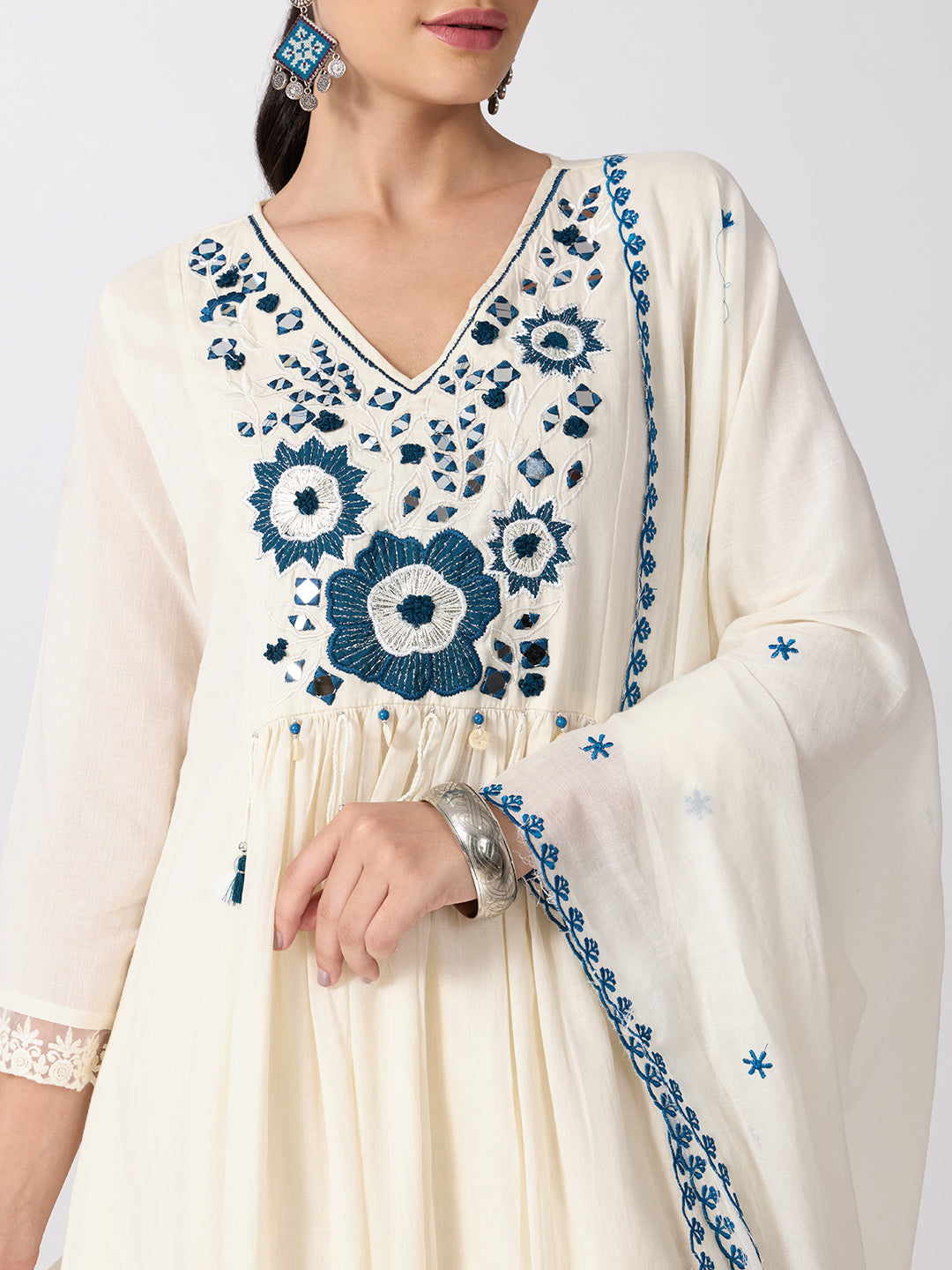 Women’s Floral Embroidered Off White Anarkali Kurta Set with V-Neck and Dupatta
