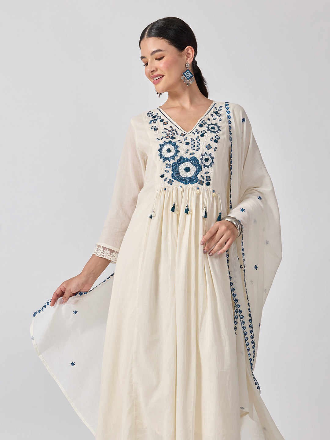 Women’s Floral Embroidered Off White Anarkali Kurta Set with V-Neck and Dupatta