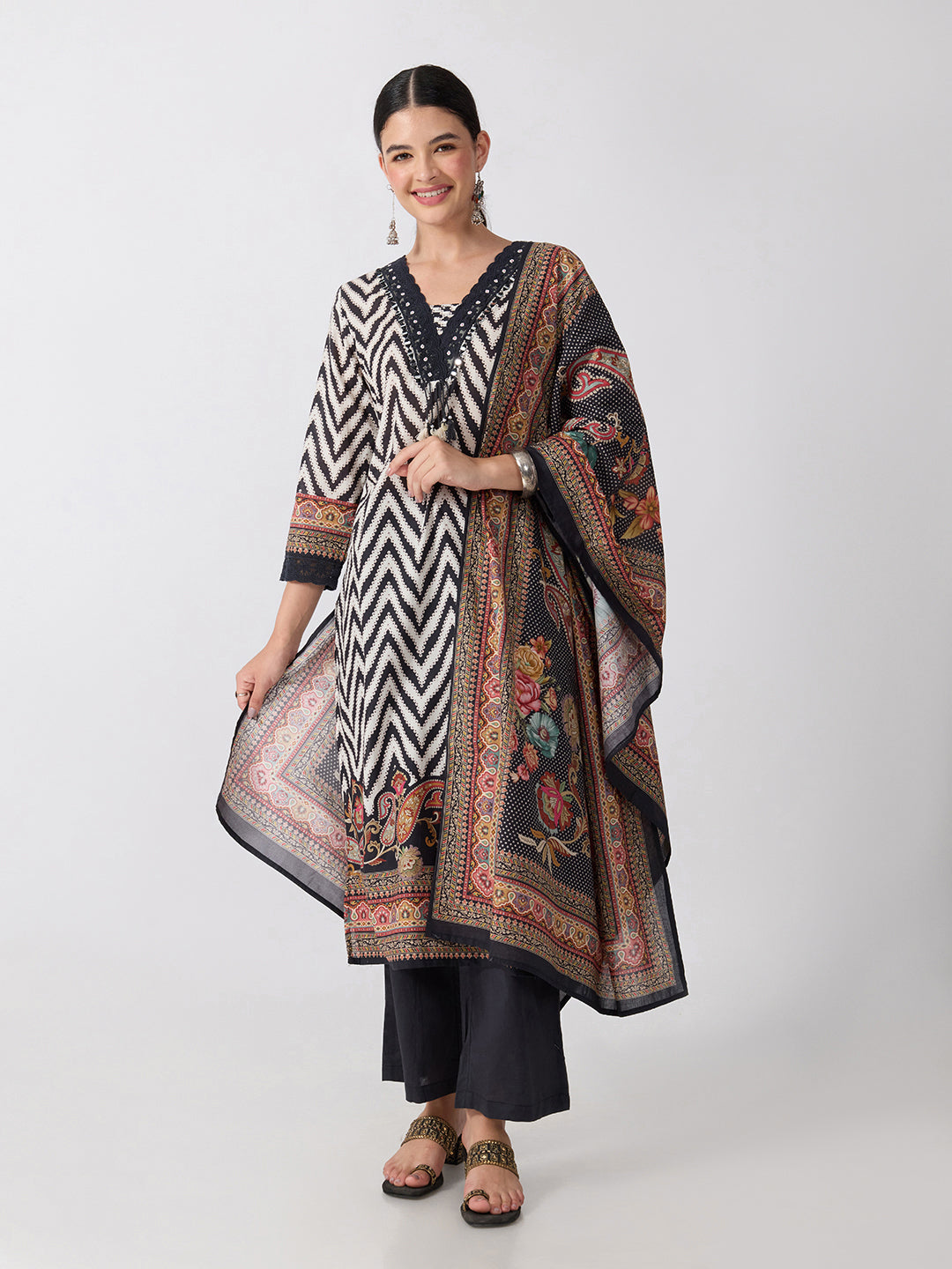 Women’s Chevron Printed Black Straight Kurta Set with Dupatta