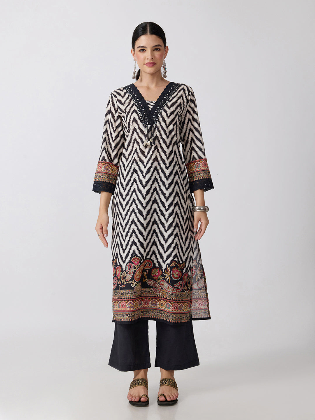 Women’s Chevron Printed Black Straight Kurta Set with Dupatta