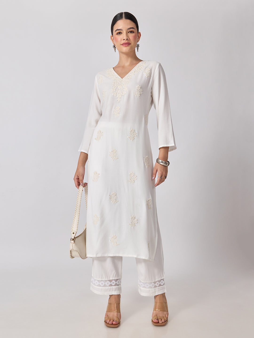 Women’s Floral Embroidered White Straight-Fit Kurta and Palazzo