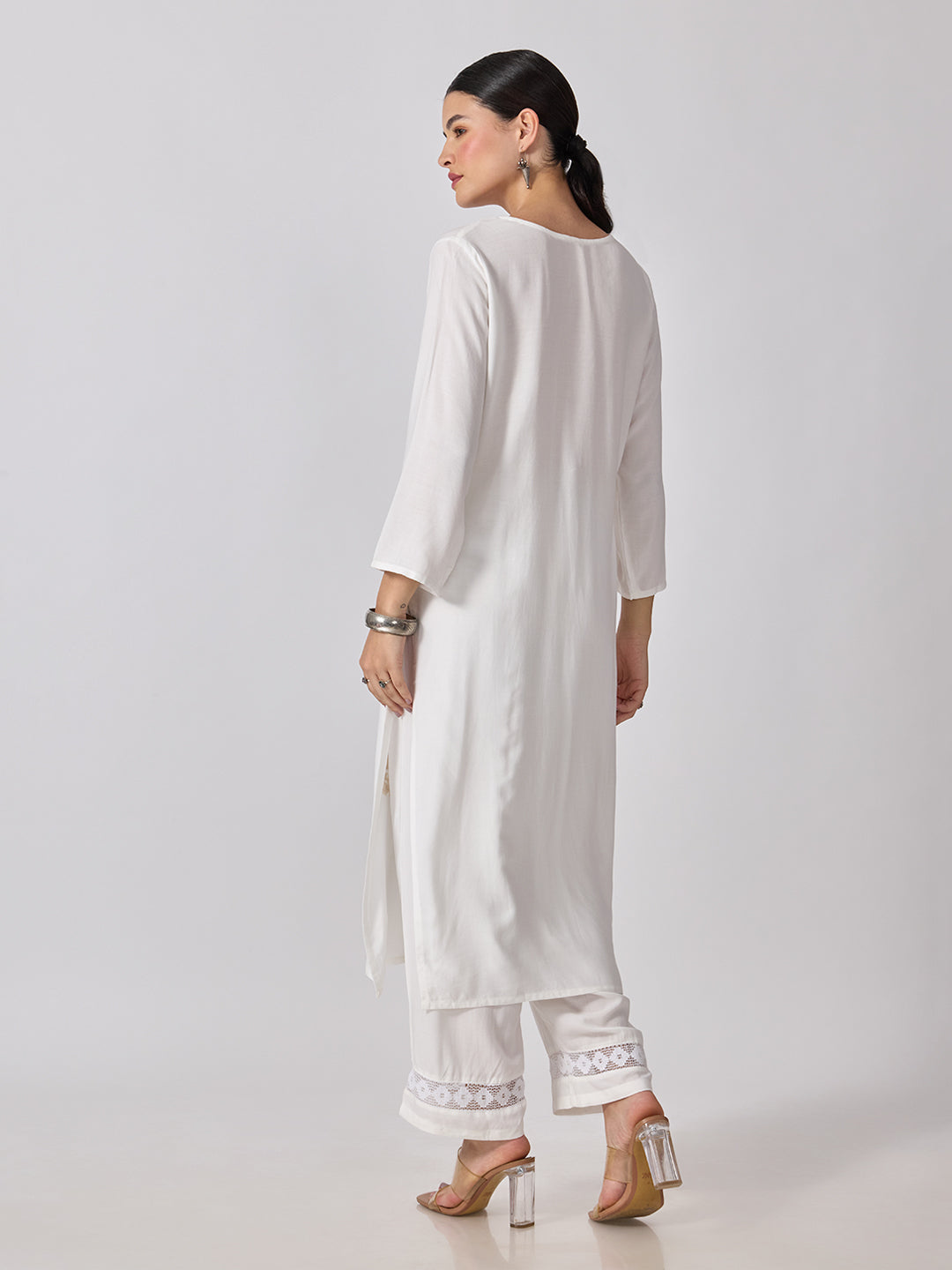 Women’s Floral Embroidered White Straight-Fit Kurta and Palazzo