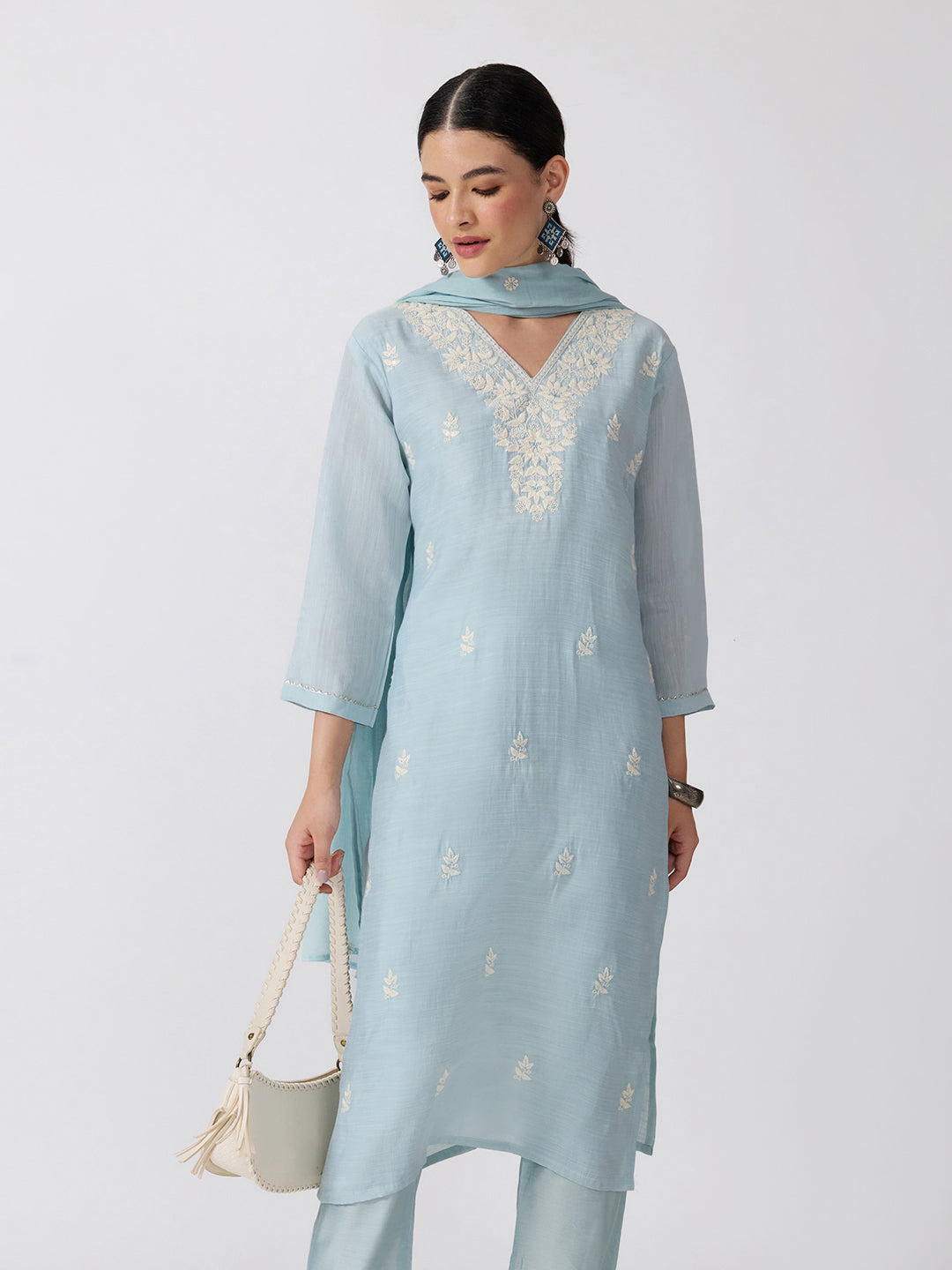 Women’s Floral Embroidered Blue Straight Kurta Set Dupatta
