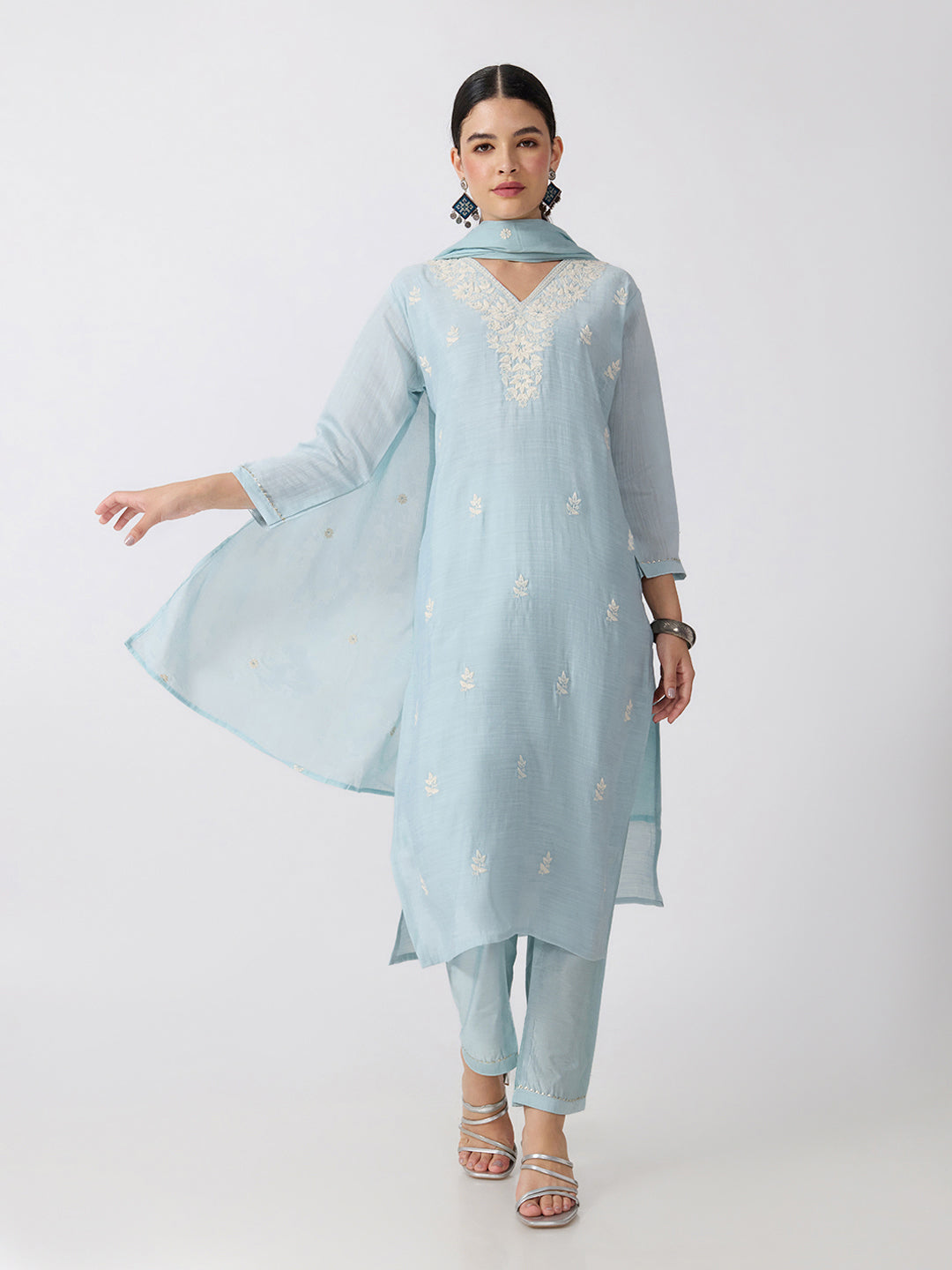 Women’s Floral Embroidered Blue Straight Kurta Set Dupatta