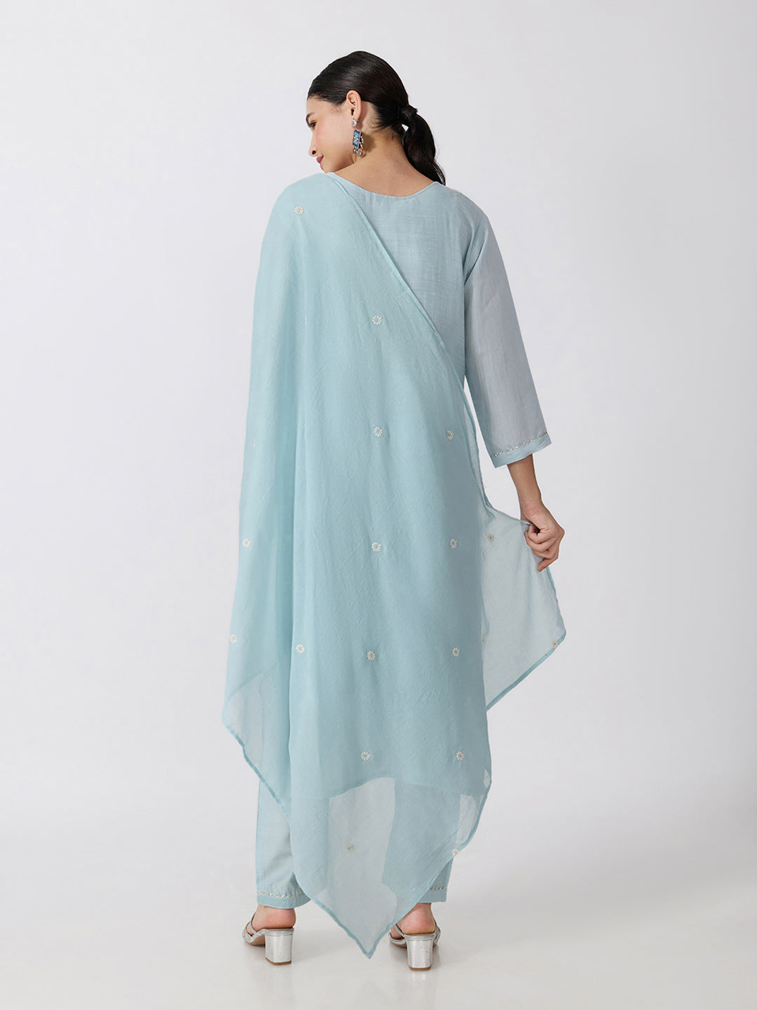 Women’s Floral Embroidered Blue Straight Kurta Set Dupatta