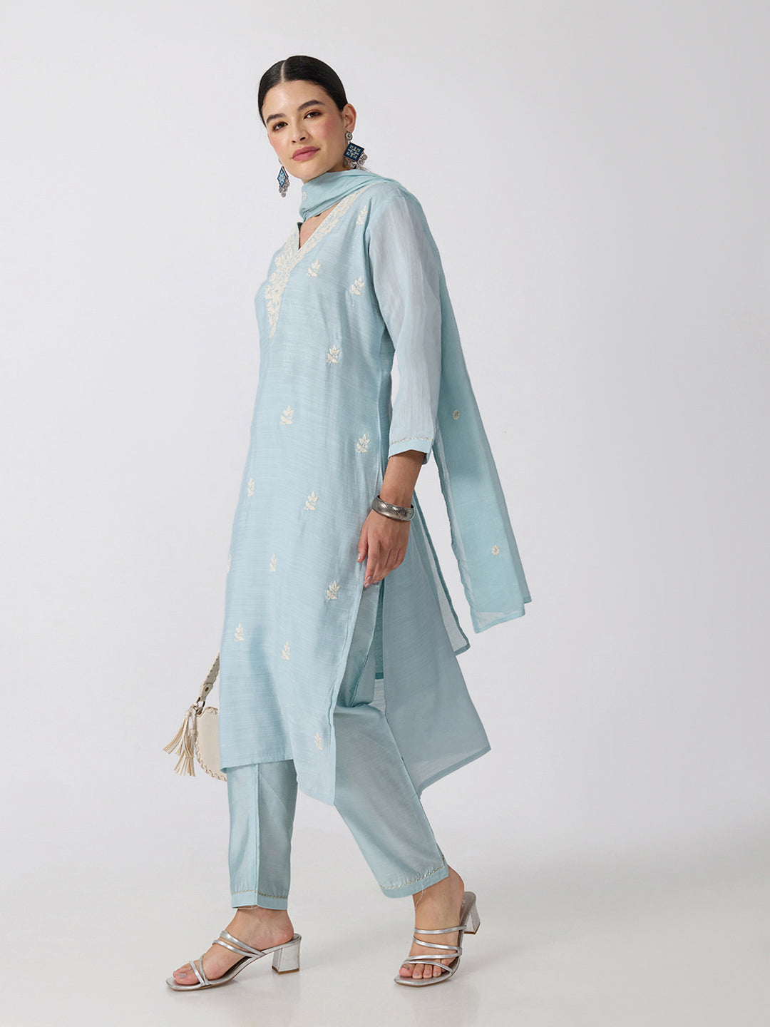 Women’s Floral Embroidered Blue Straight Kurta Set Dupatta