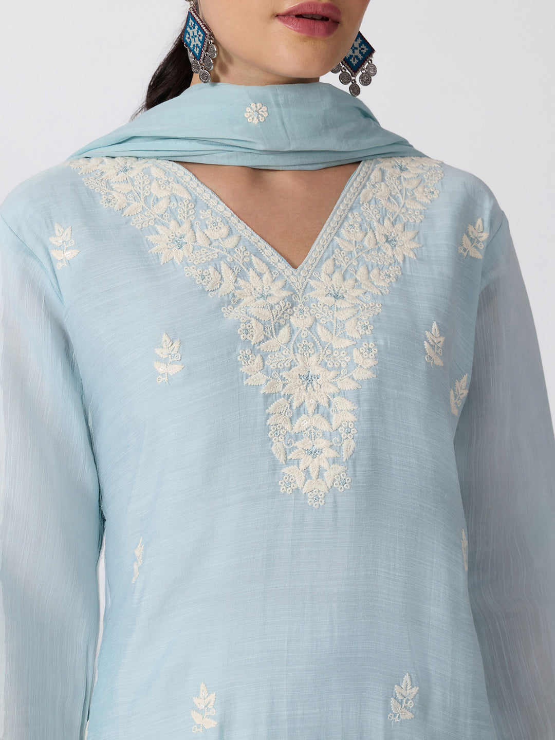 Women’s Floral Embroidered Blue Straight Kurta Set Dupatta
