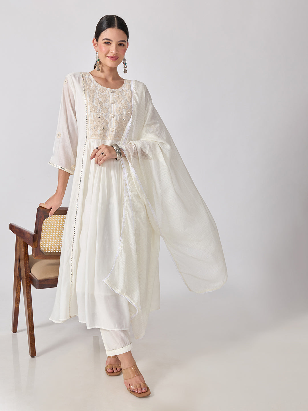 Women’s Embroidered White Anarkali Kurta Set with Sequin Yoke and Dupatta
