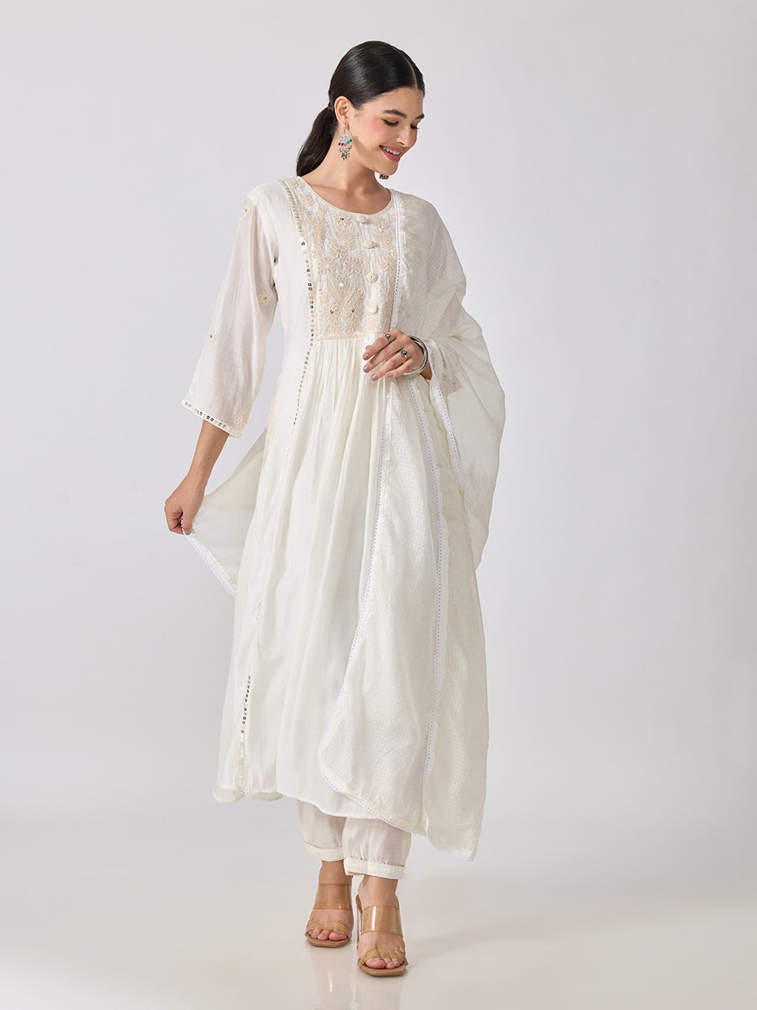Women’s Embroidered White Anarkali Kurta Set with Sequin Yoke and Dupatta