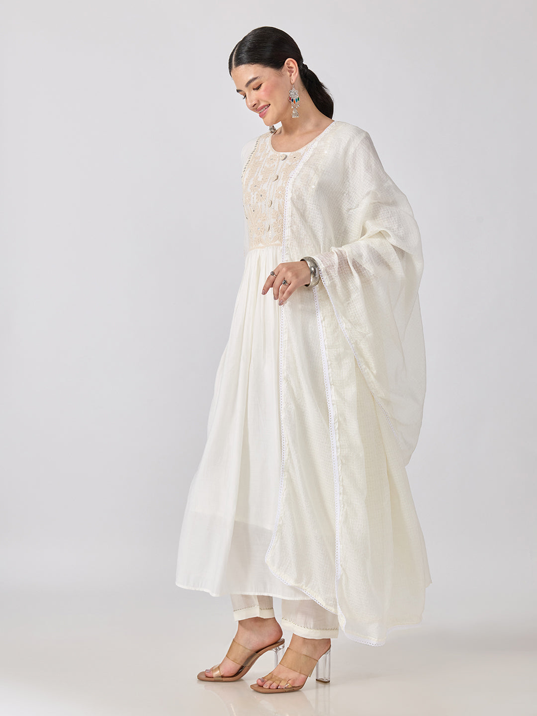 Women’s Embroidered White Anarkali Kurta Set with Sequin Yoke and Dupatta