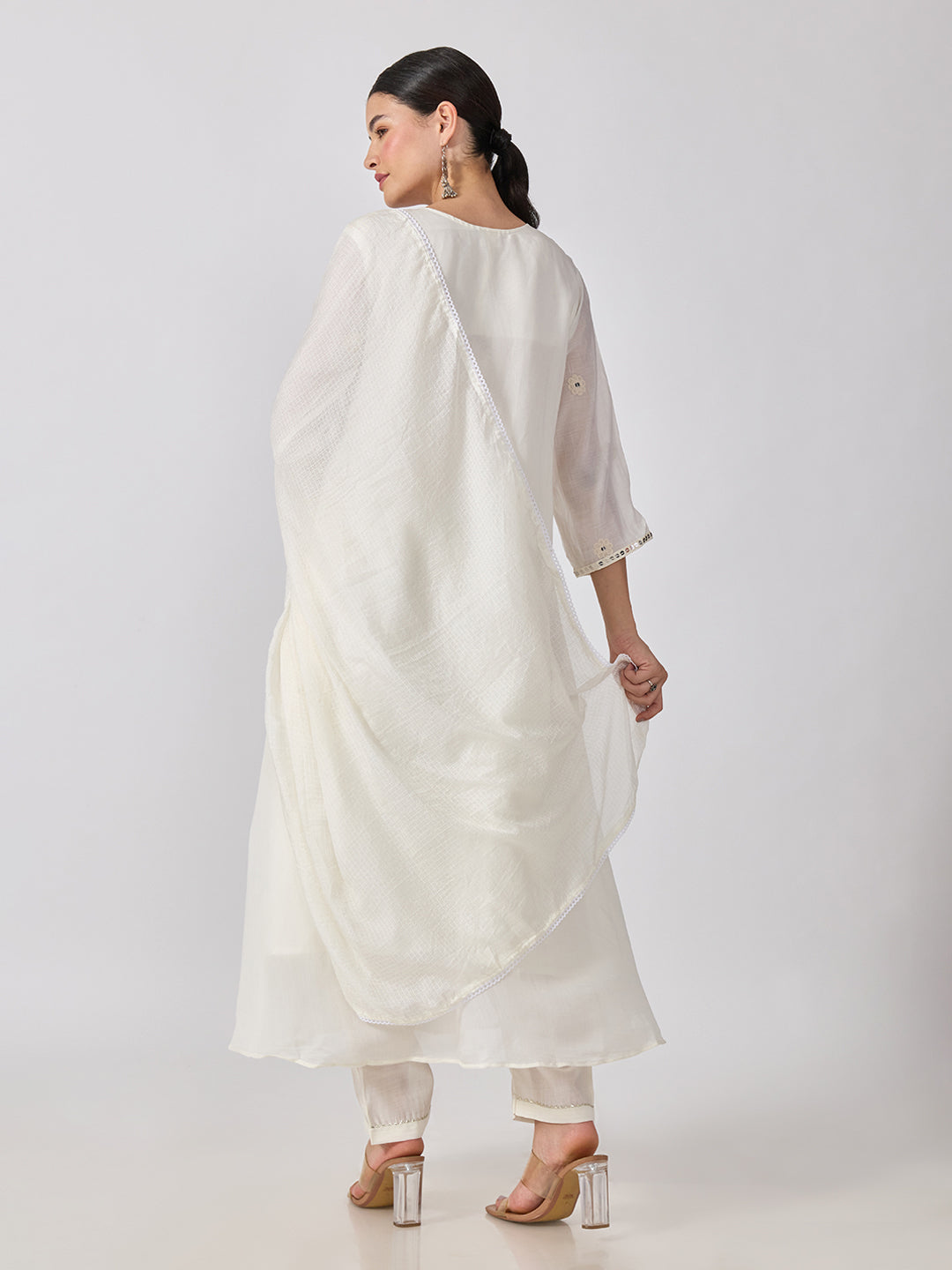 Women’s Embroidered White Anarkali Kurta Set with Sequin Yoke and Dupatta