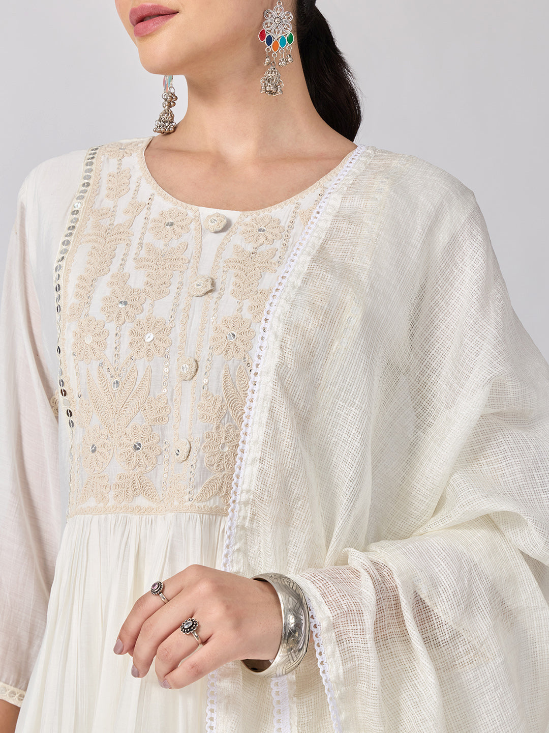 Women’s Embroidered White Anarkali Kurta Set with Sequin Yoke and Dupatta