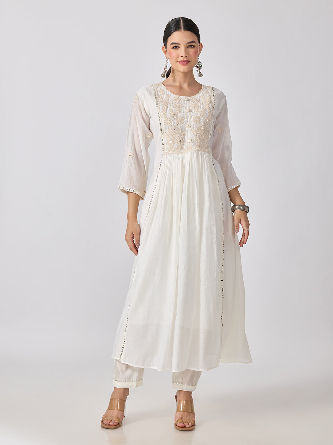 Women’s Embroidered White Anarkali Kurta Set with Sequin Yoke and Dupatta