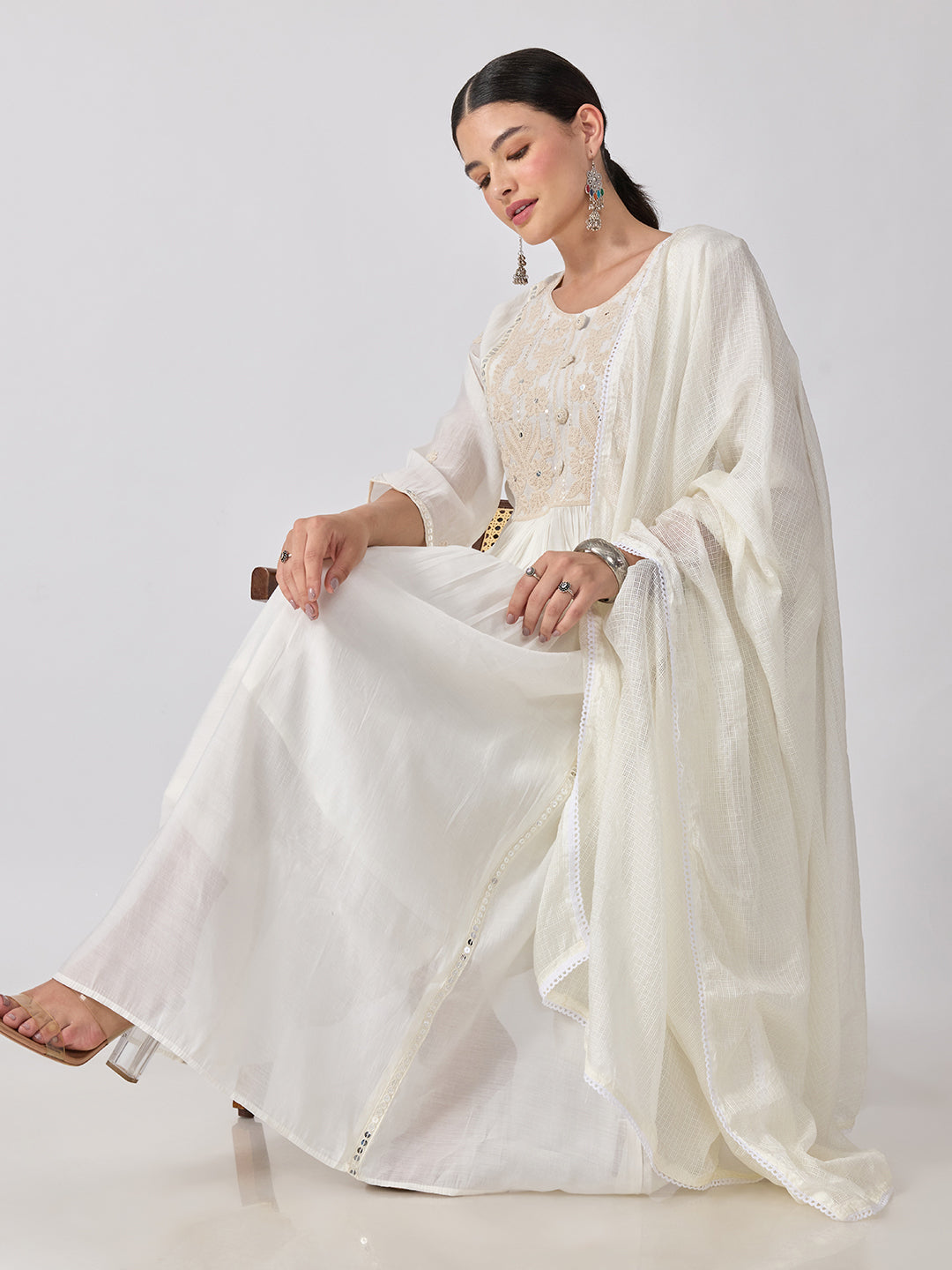 Women’s Embroidered White Anarkali Kurta Set with Sequin Yoke and Dupatta