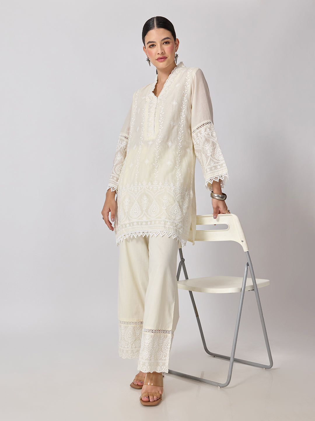 Women’s Floral Embroidered Off White Straight Kurta Set
