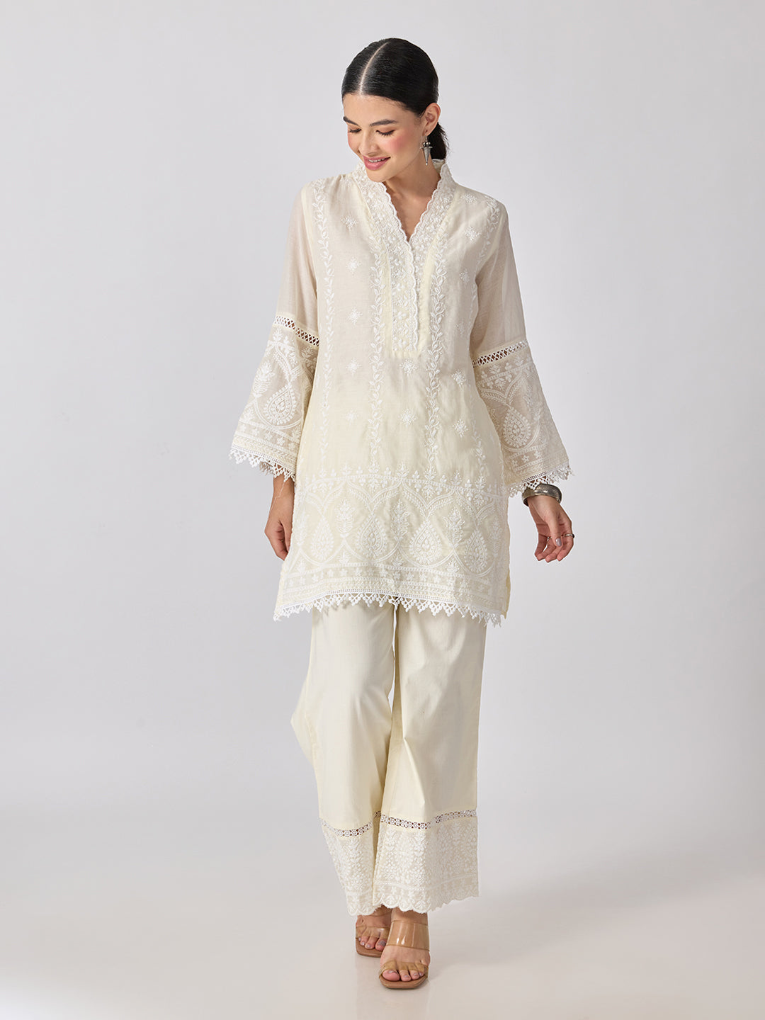 Women’s Floral Embroidered Off White Straight Kurta Set