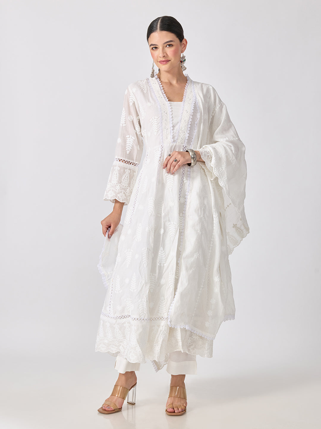 Women’s Floral Embroidered White Anarkali Kurta Set with Dupatta