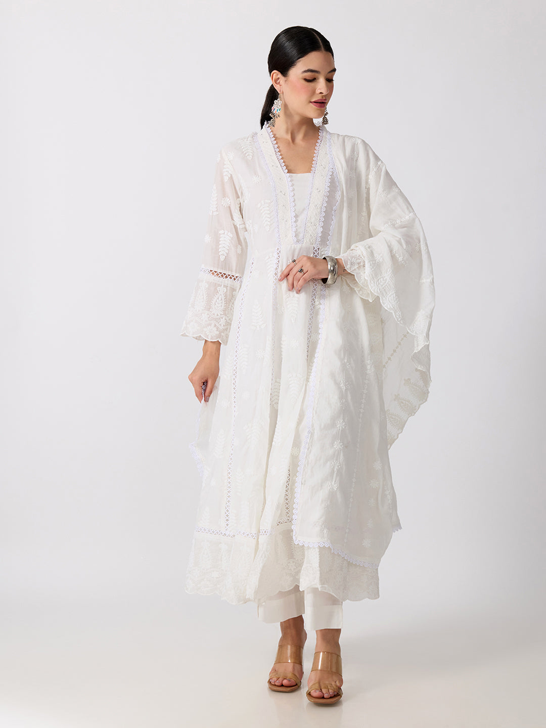 Women’s Floral Embroidered White Anarkali Kurta Set with Dupatta