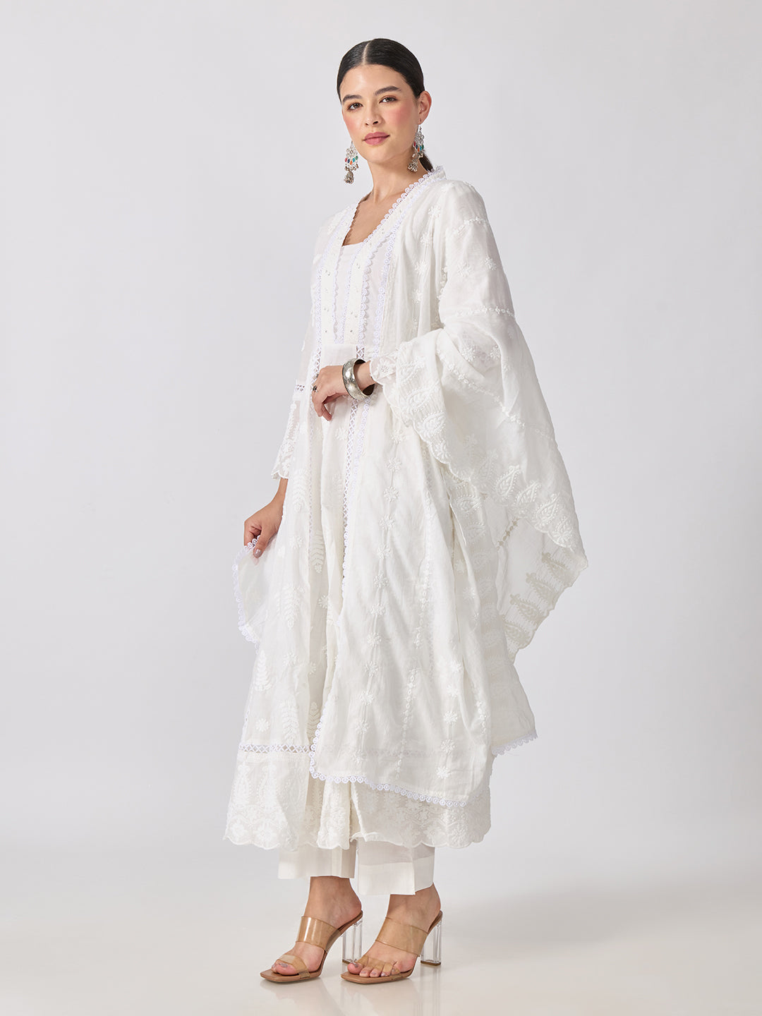 Women’s Floral Embroidered White Anarkali Kurta Set with Dupatta