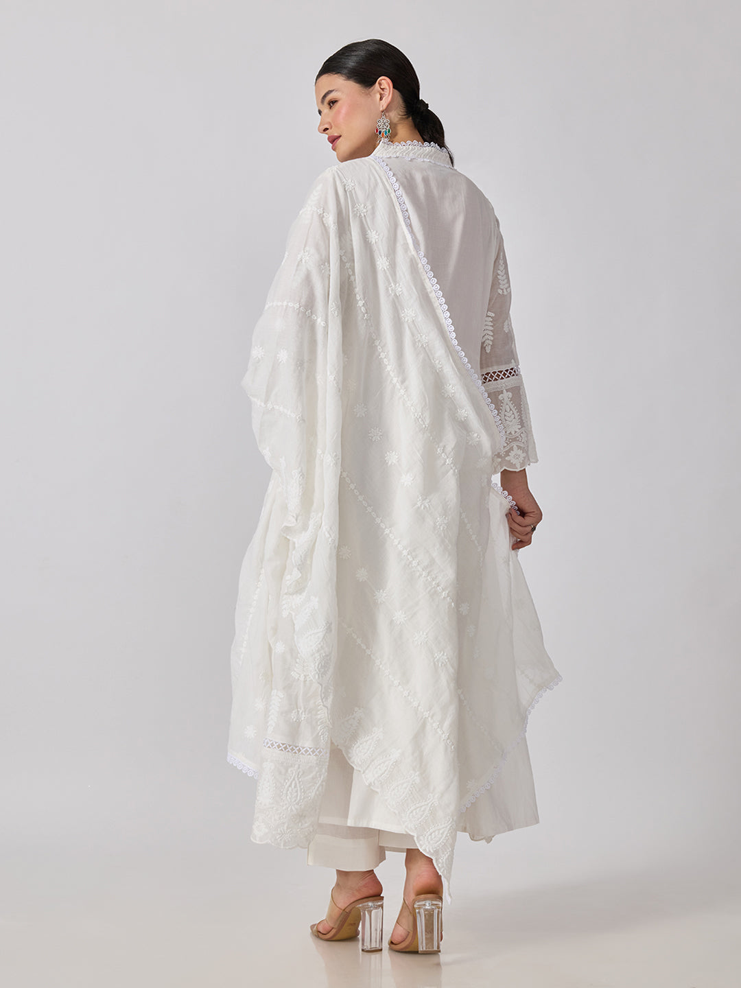 Women’s Floral Embroidered White Anarkali Kurta Set with Dupatta