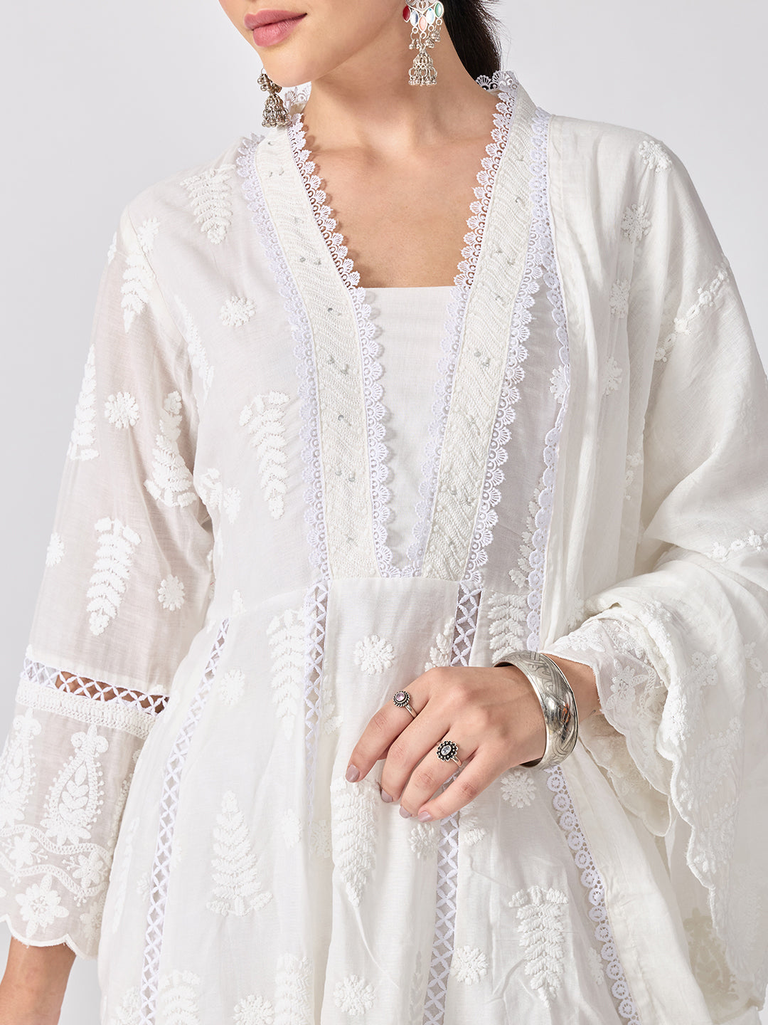 Women’s Floral Embroidered White Anarkali Kurta Set with Dupatta