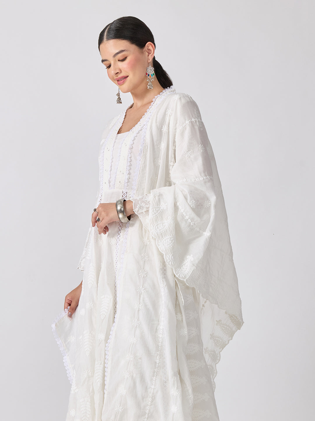Women’s Floral Embroidered White Anarkali Kurta Set with Dupatta