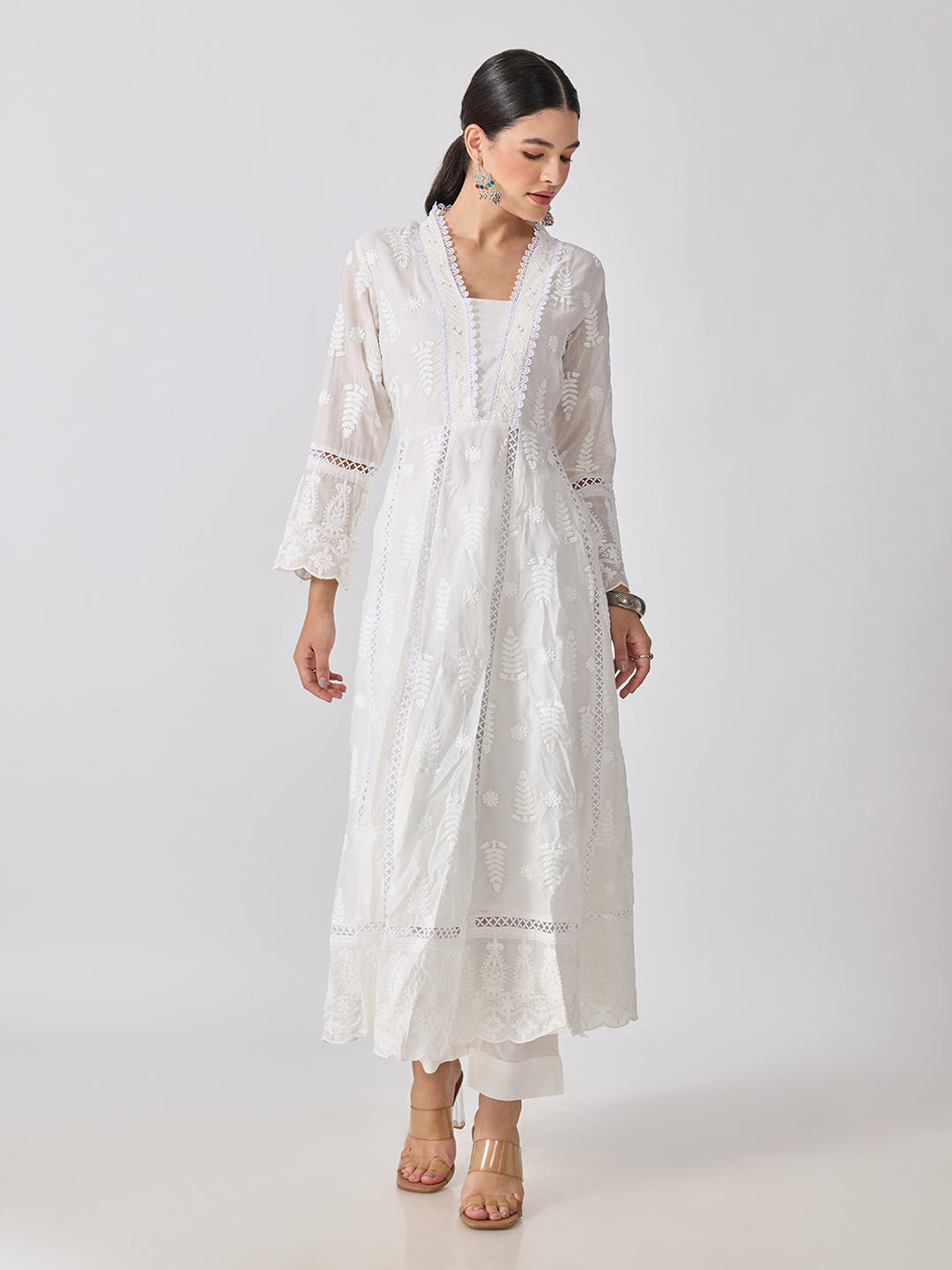 Women’s Floral Embroidered White Anarkali Kurta Set with Dupatta