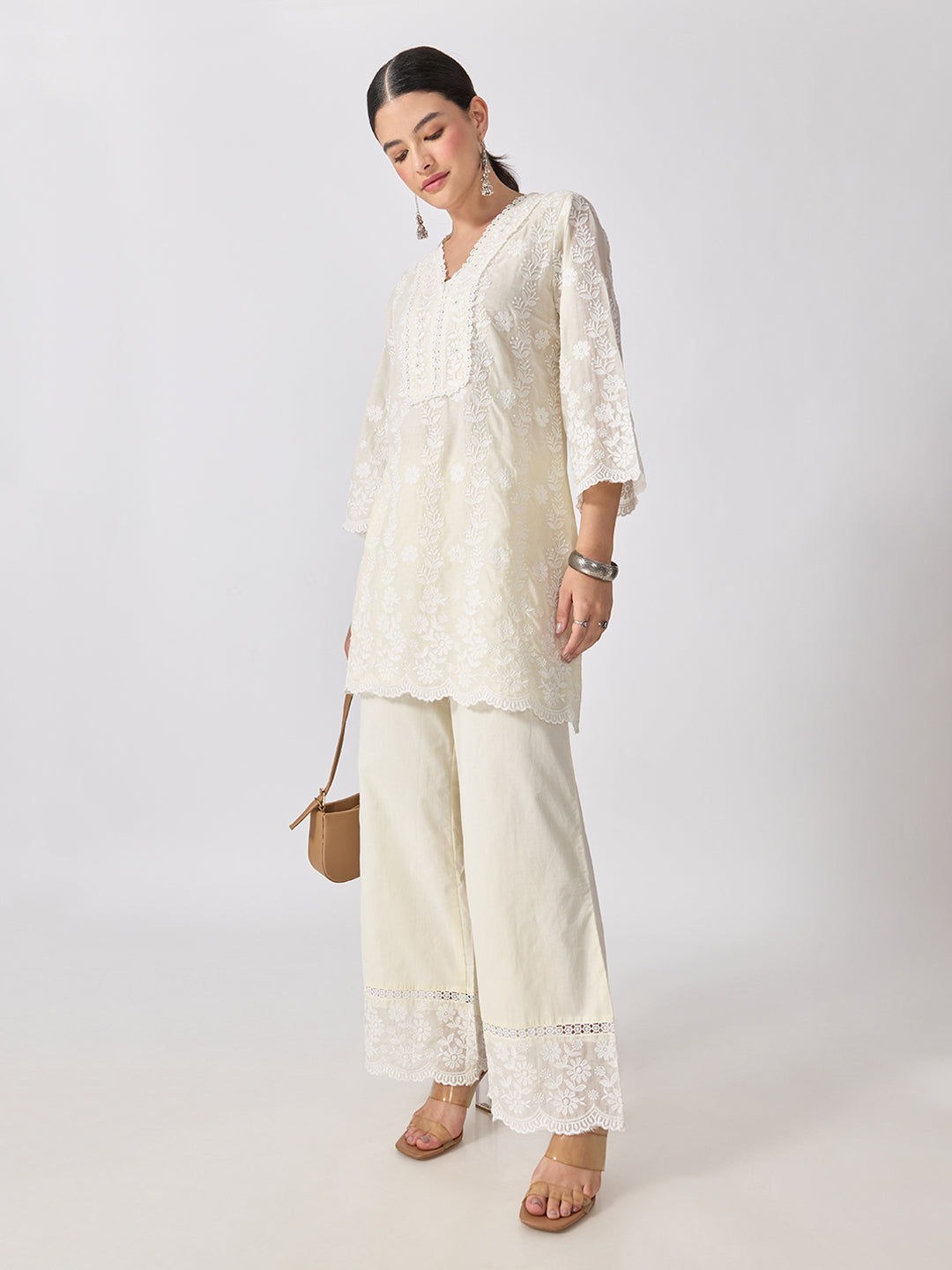 Women’s Floral Embroidered Off White Straight Short Kurta Set