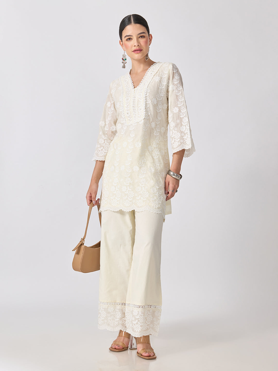 Women’s Floral Embroidered Off White Straight Short Kurta Set