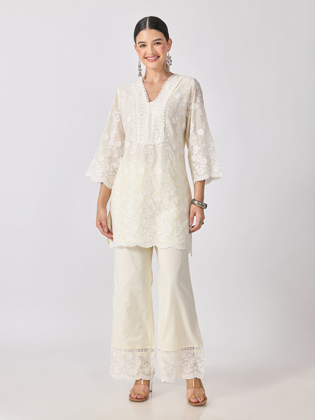 Women’s Floral Embroidered Off White Straight Short Kurta Set