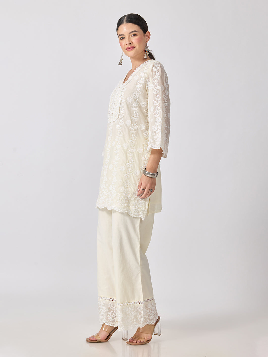 Women’s Floral Embroidered Off White Straight Short Kurta Set