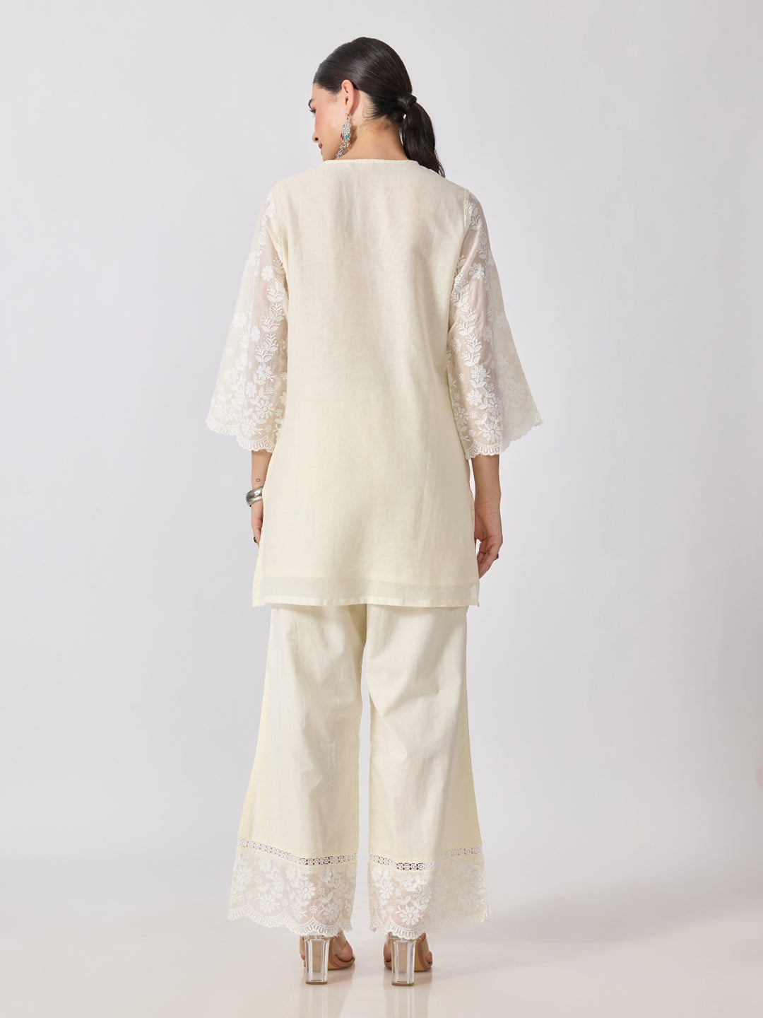 Women’s Floral Embroidered Off White Straight Short Kurta Set
