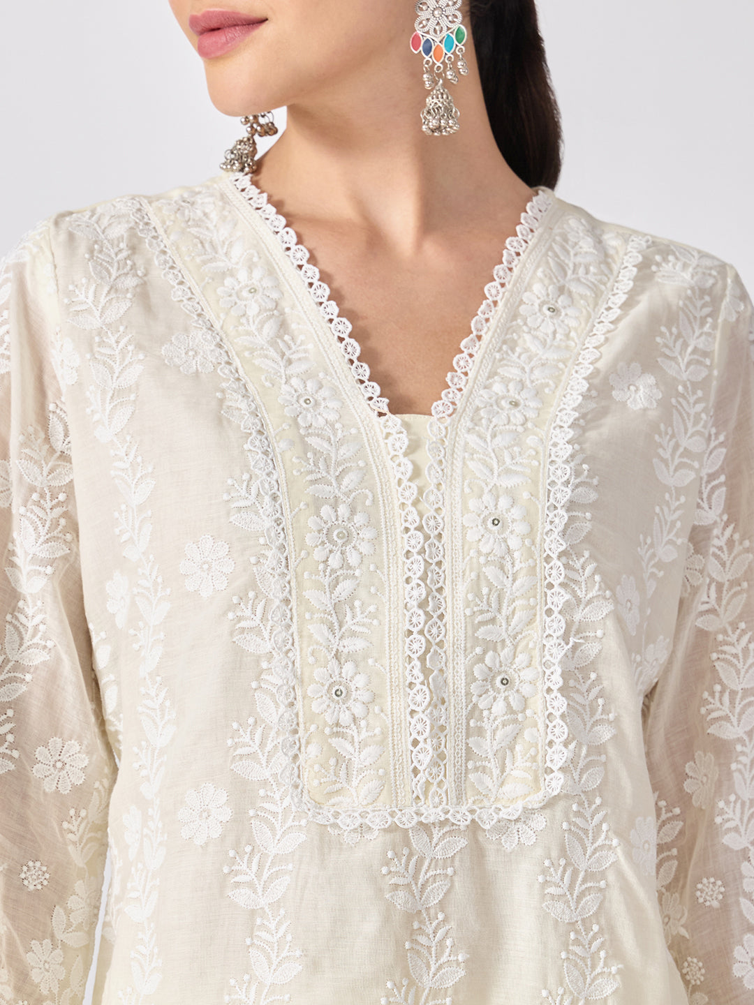 Women’s Floral Embroidered Off White Straight Short Kurta Set