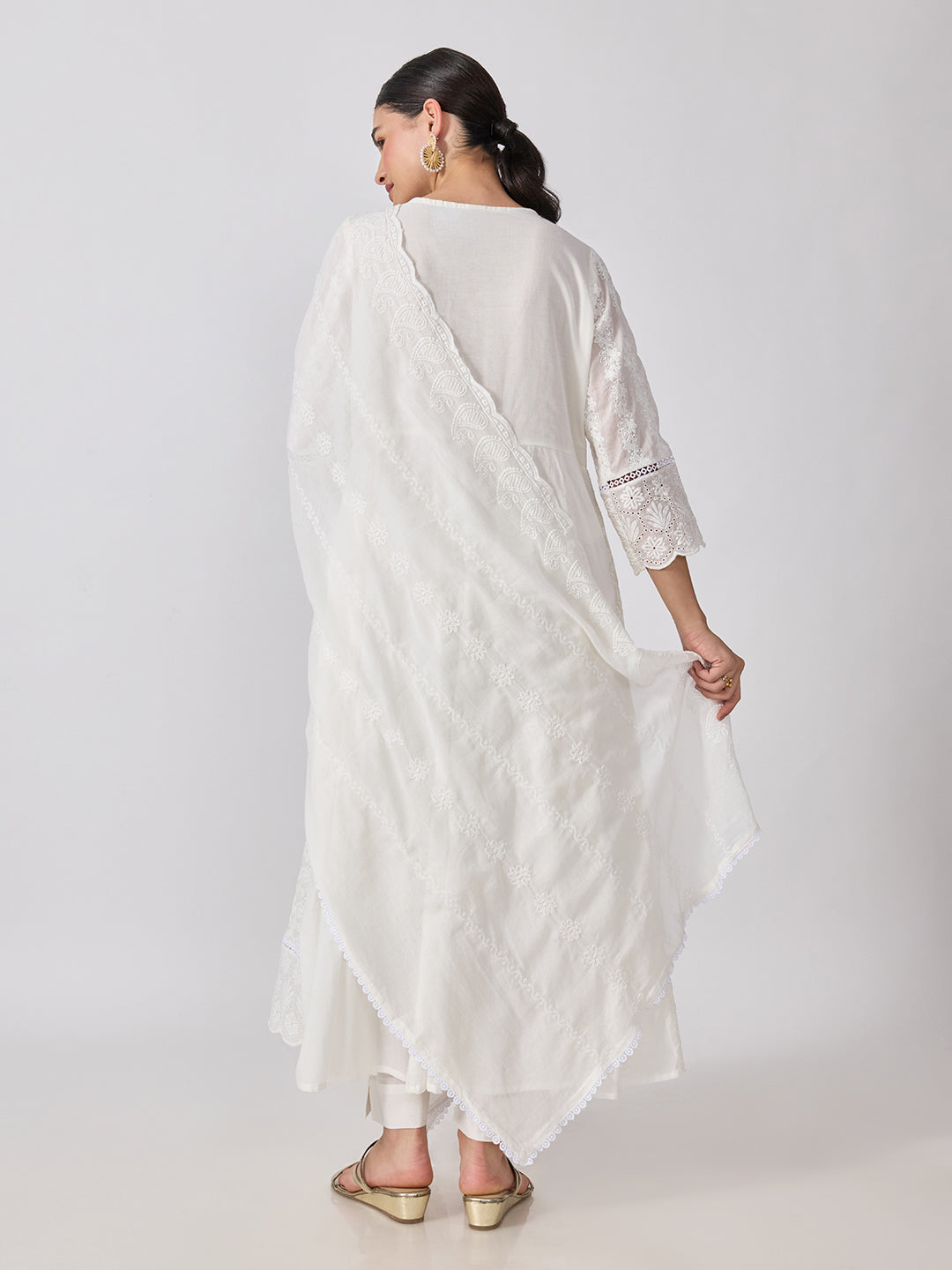 Women’s Floral Embroidered White Anarkali Kurta Set with Flared Hem and Dupatta