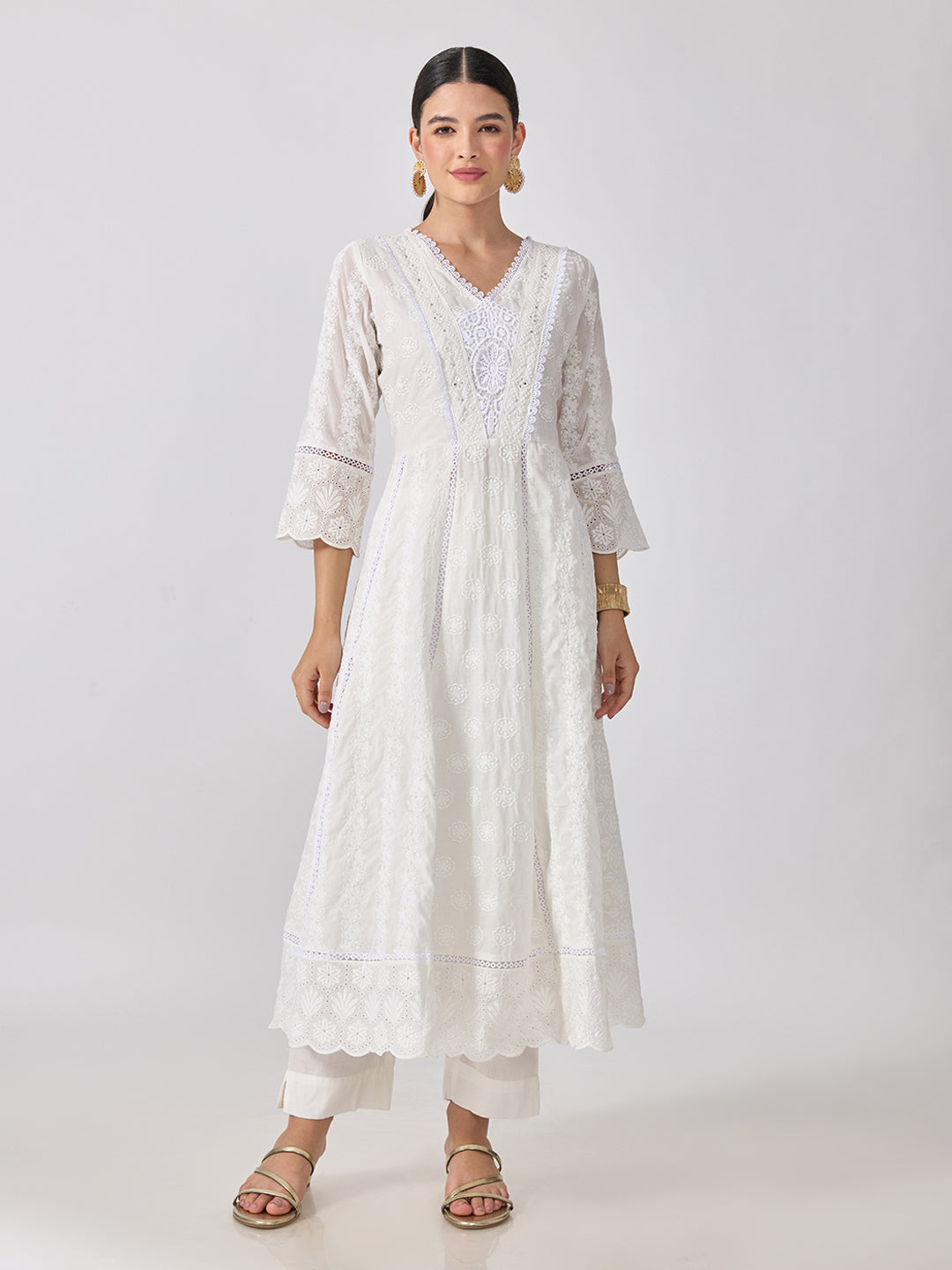 Women’s Floral Embroidered White Anarkali Kurta Set with Flared Hem and Dupatta