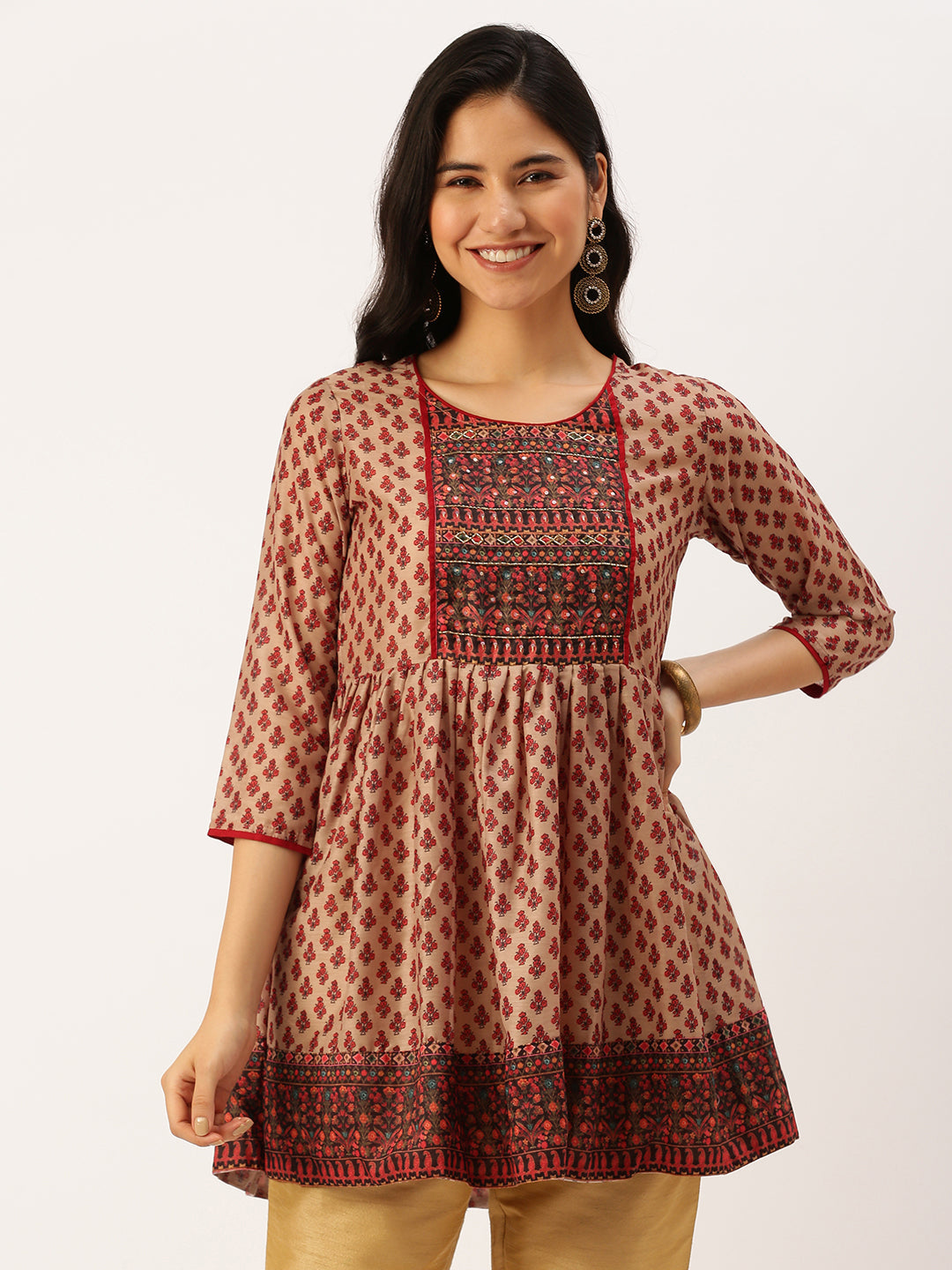 Women Ethnic Motifs Beige A-Line Kurti