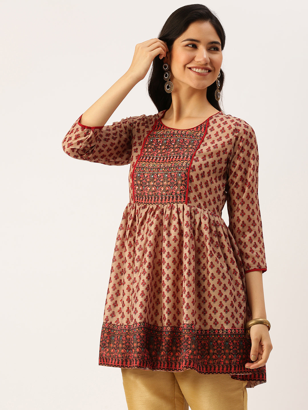 Women Ethnic Motifs Beige A-Line Kurti