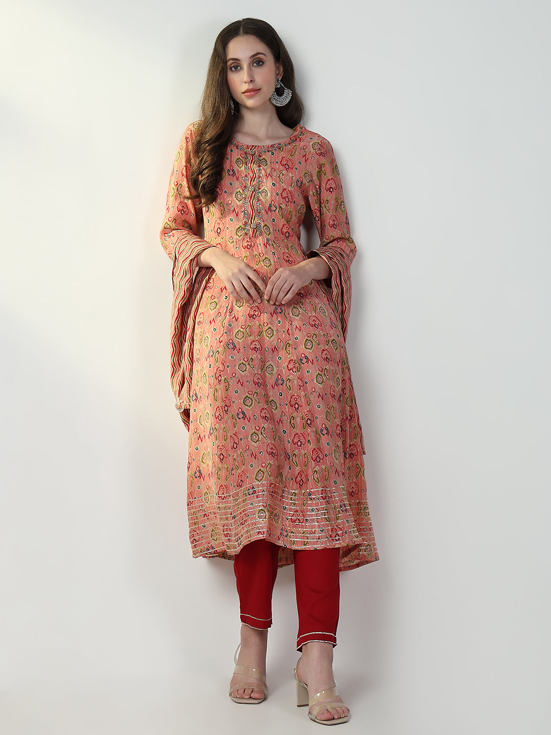 Women Abstract Peach Anarkali Kurta Set with Dupatta