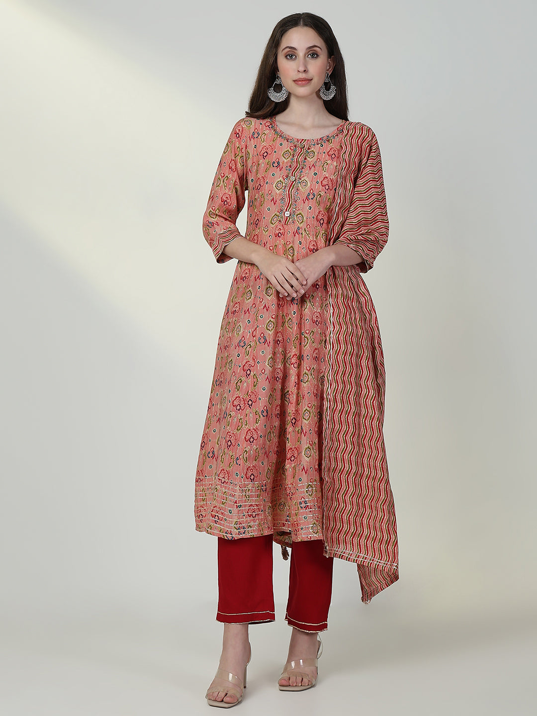 Women Abstract Peach Anarkali Kurta Set with Dupatta