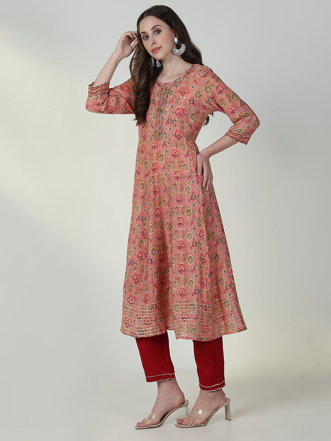 Women Abstract Peach Anarkali Kurta Set with Dupatta