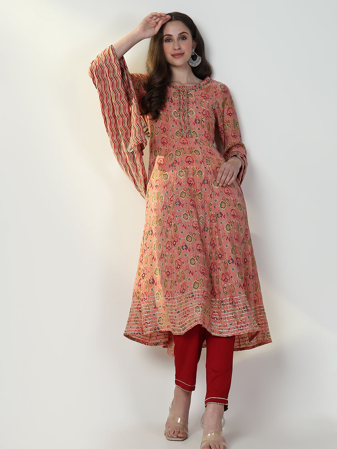 Women Abstract Peach Anarkali Kurta Set with Dupatta