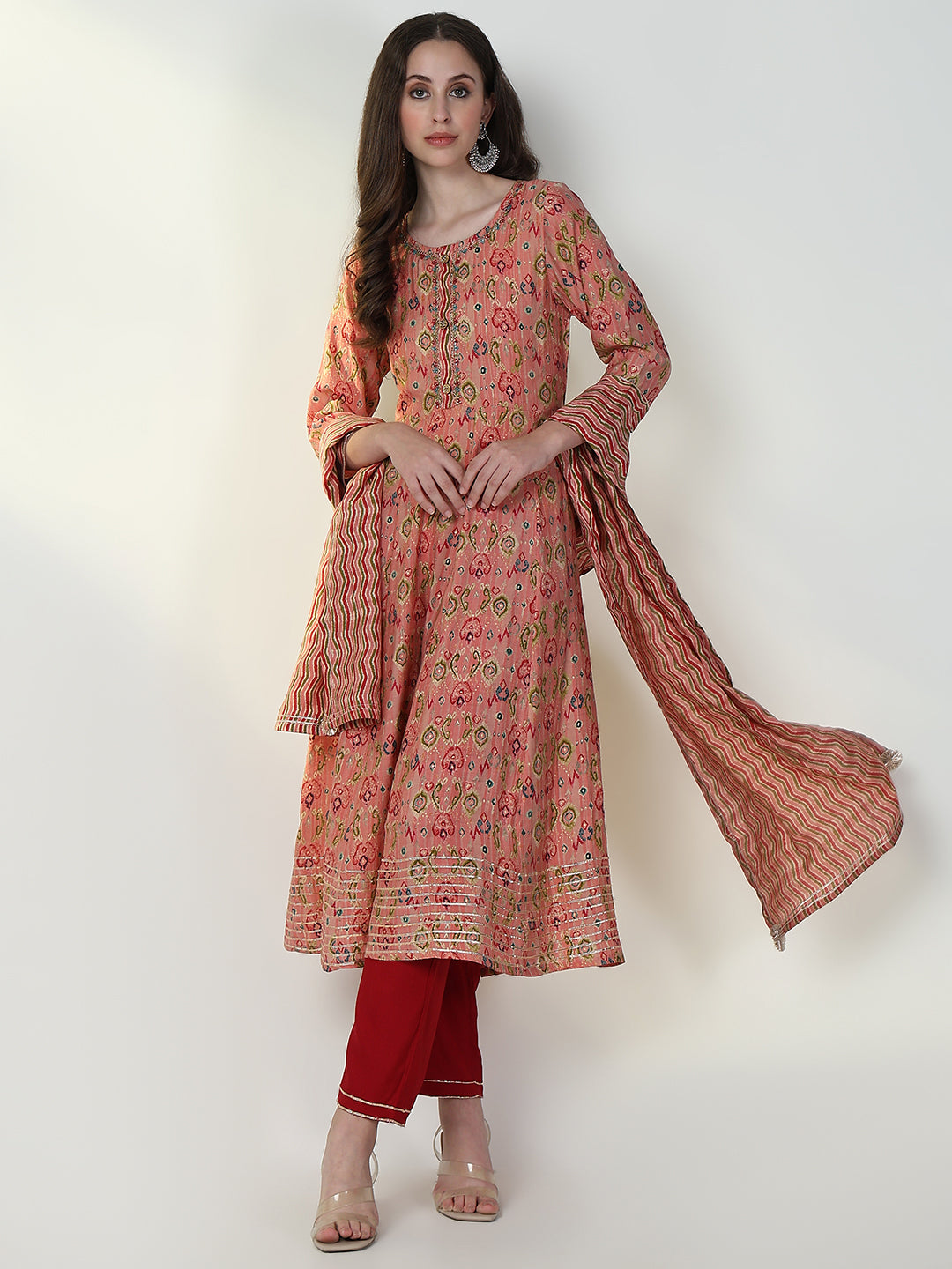 Women Abstract Peach Anarkali Kurta Set with Dupatta