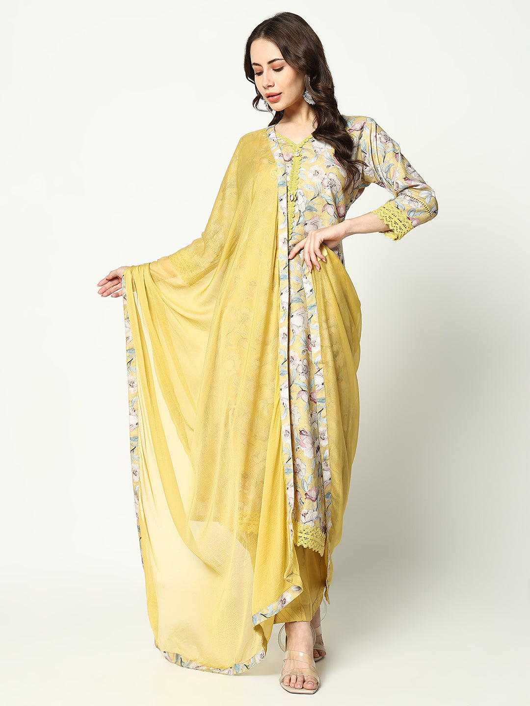 Women Floral Yellow Kurta Set with Dupatta