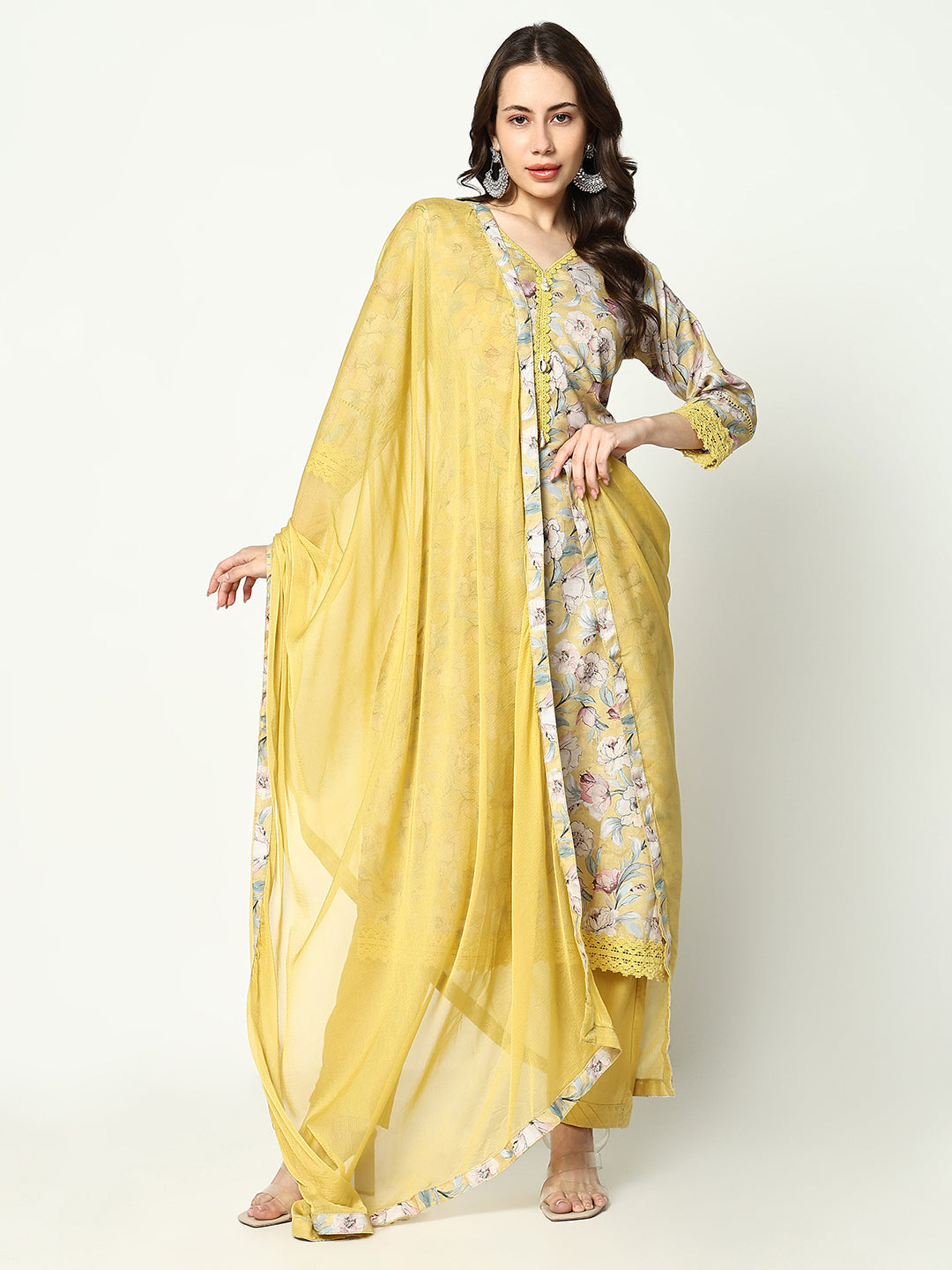 Women Floral Yellow Kurta Set with Dupatta