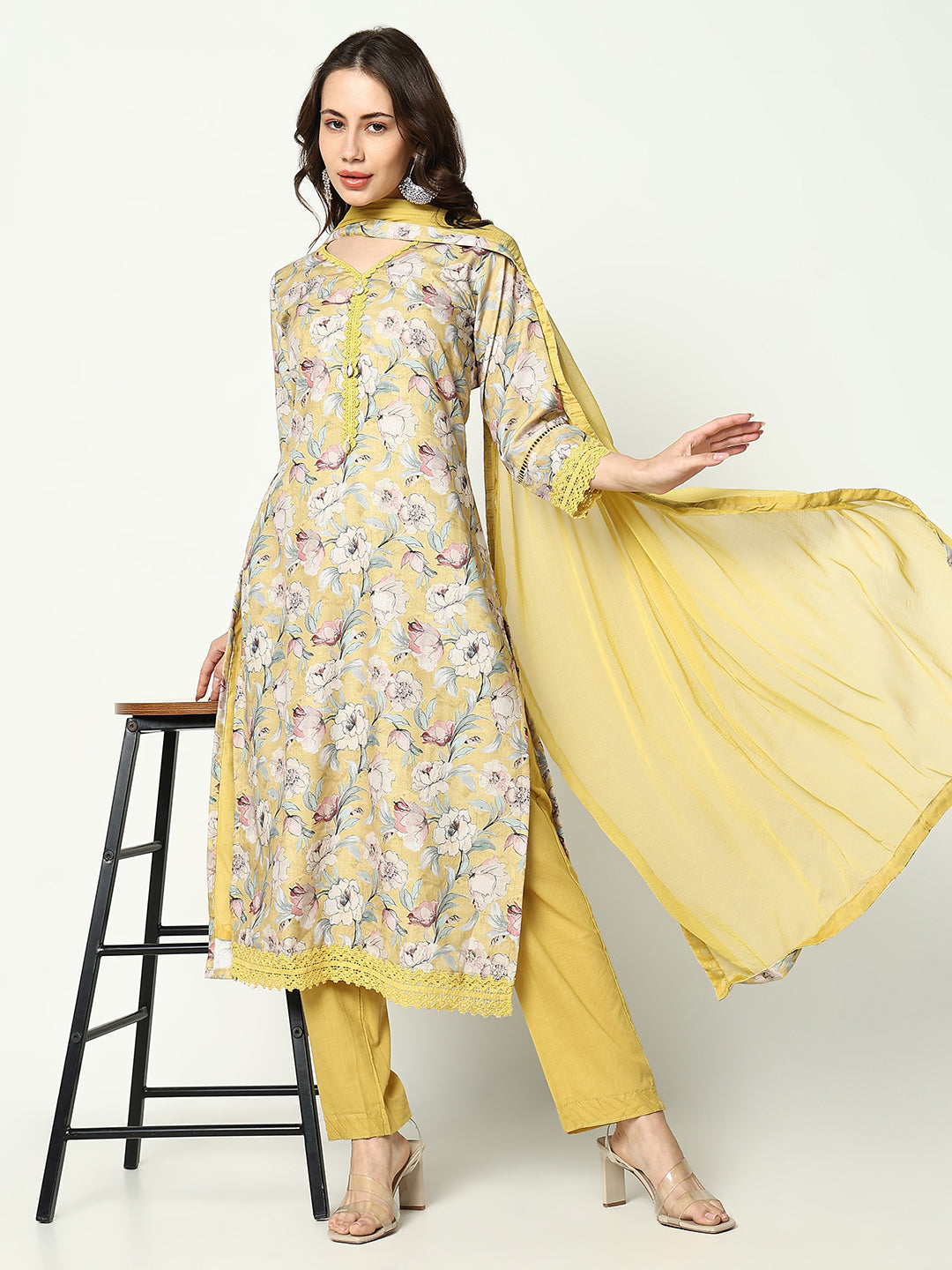 Women Floral Yellow Kurta Set with Dupatta