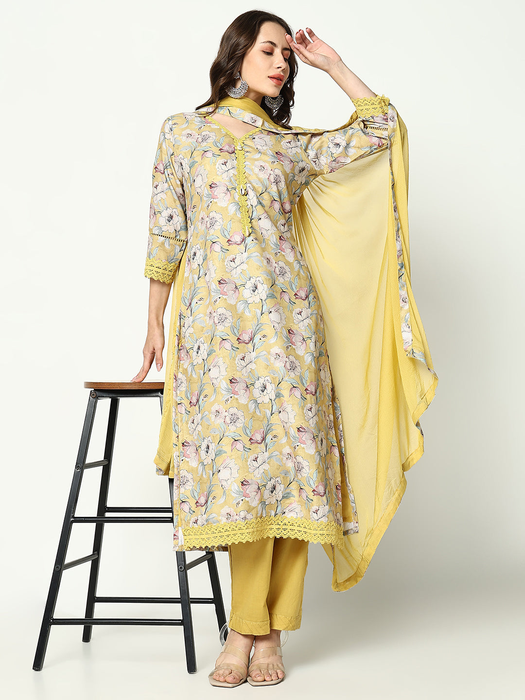 Women Floral Yellow Kurta Set with Dupatta