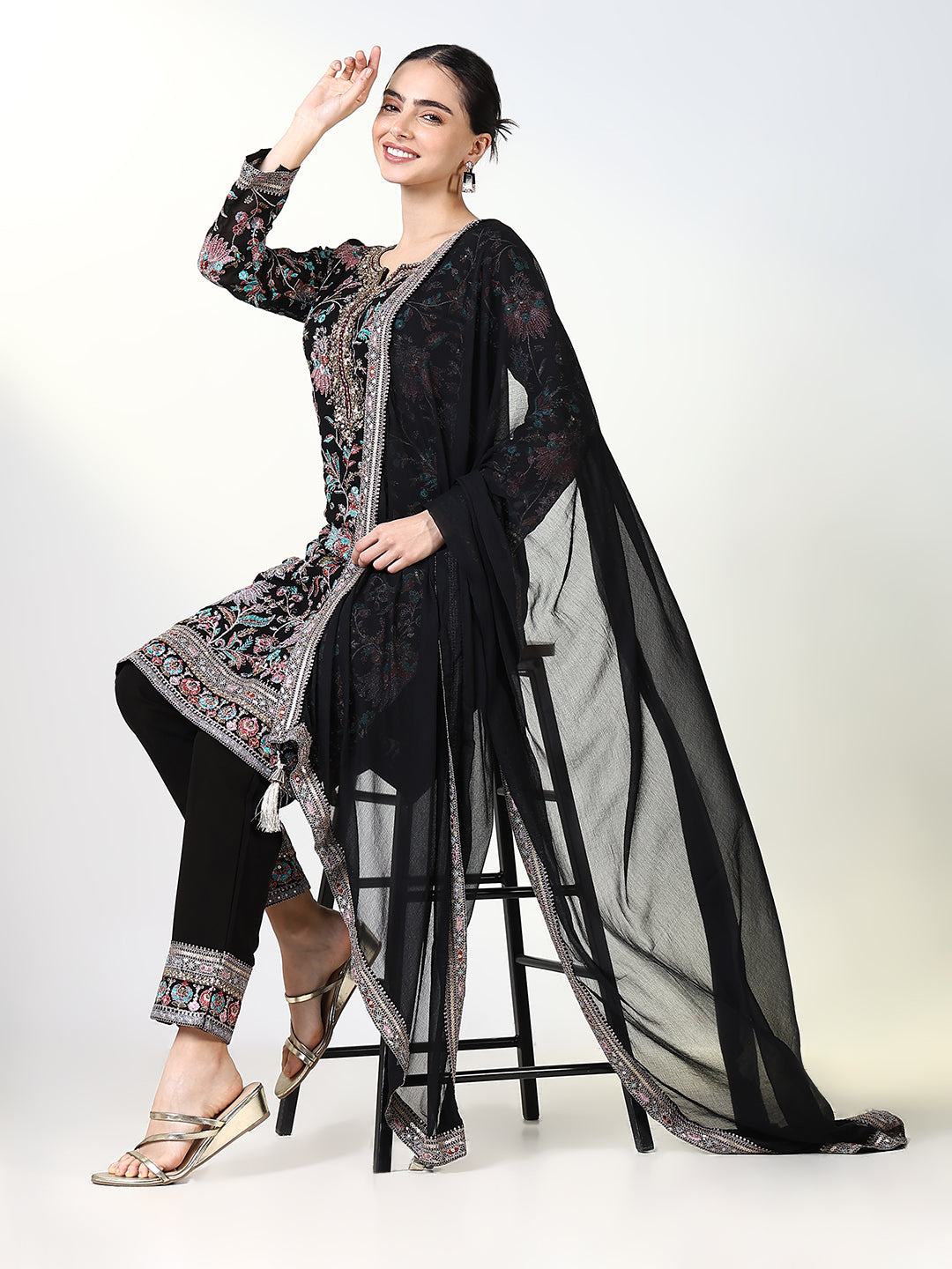 Women Embroidered Black Kurta Set with Dupatta