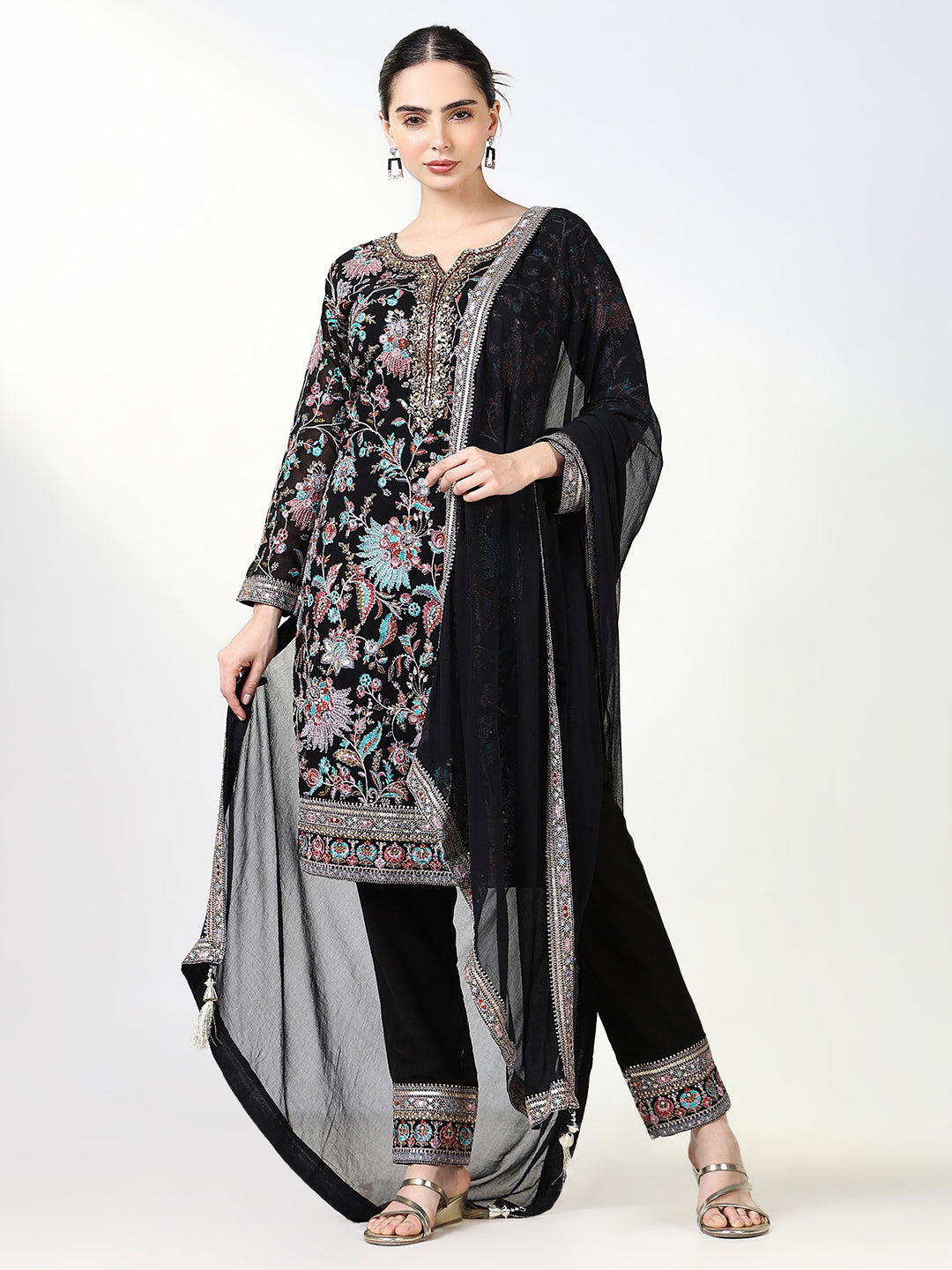 Women Embroidered Black Kurta Set with Dupatta