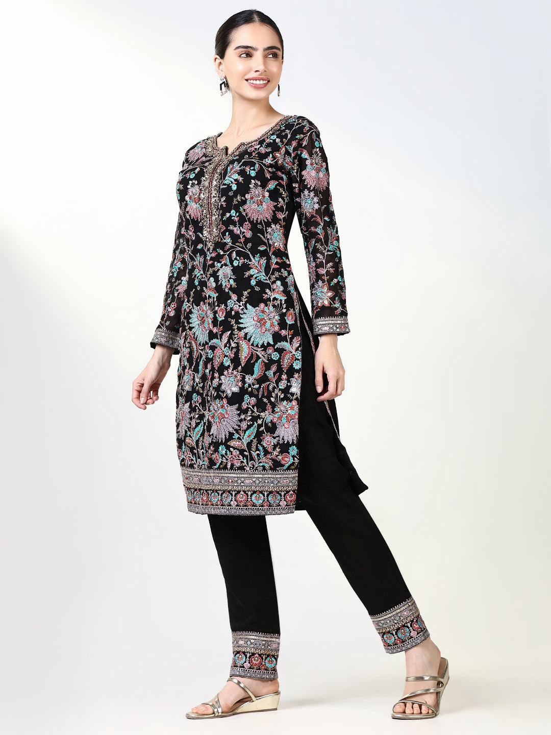 Women Embroidered Black Kurta Set with Dupatta